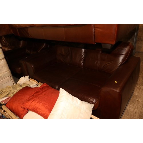 618 - Brown leather 2x 2-seater sofas & chair