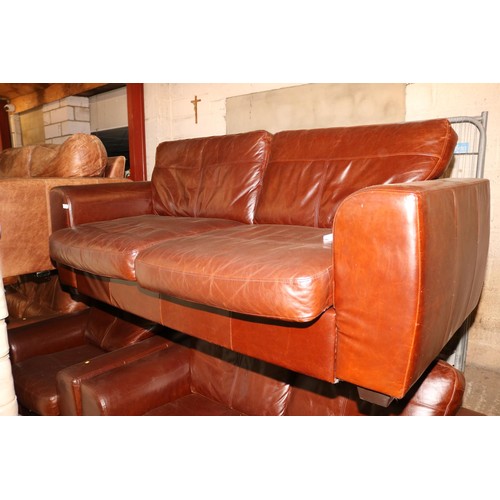 618 - Brown leather 2x 2-seater sofas & chair