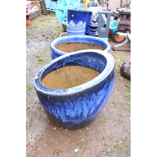 34 - 2 blue glazed planters