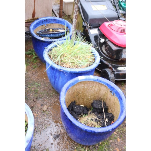 41 - 3 blue glazed large planters, 1 a/f