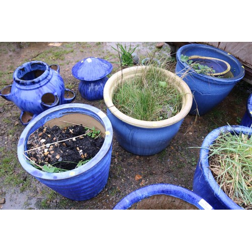 42 - 3 various designs blue glazed planters