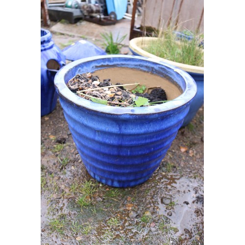 42 - 3 various designs blue glazed planters