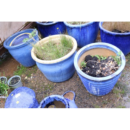 42 - 3 various designs blue glazed planters