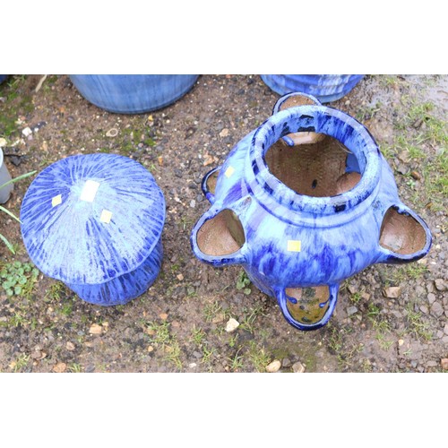 43 - Blue glazed strawberry/herb planter & glazed mushroom ornament