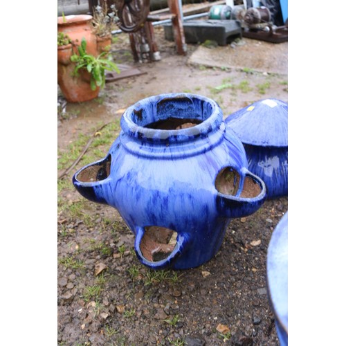 43 - Blue glazed strawberry/herb planter & glazed mushroom ornament