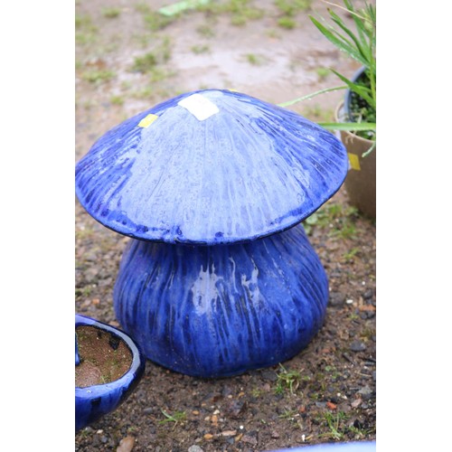 43 - Blue glazed strawberry/herb planter & glazed mushroom ornament