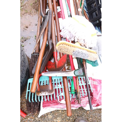 57 - Garden tools, canes, brolly & clothes airer, etc