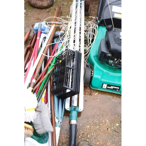 57 - Garden tools, canes, brolly & clothes airer, etc