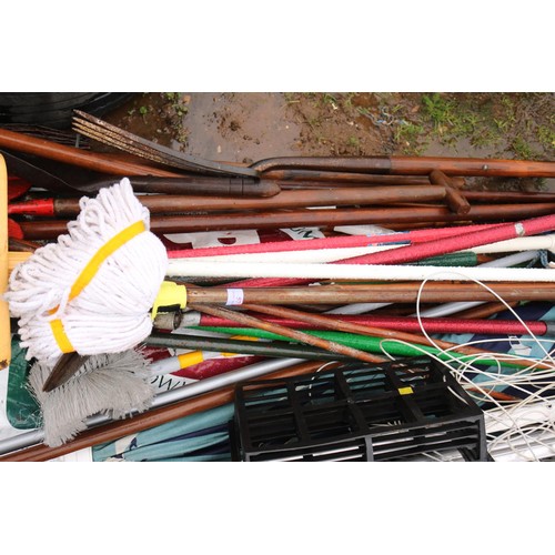 57 - Garden tools, canes, brolly & clothes airer, etc