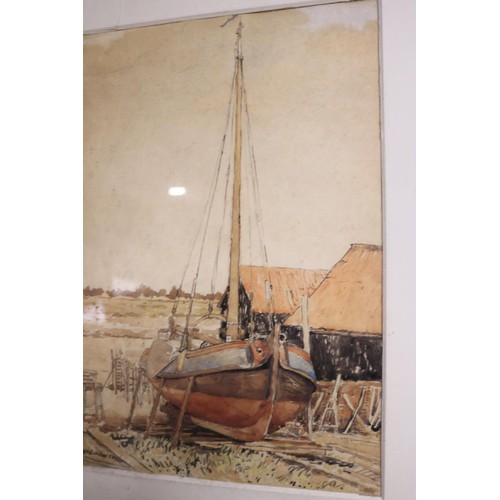 139 - Framed watercolour of harbour boating scene