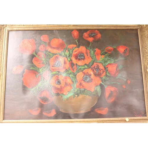 153 - Large oil signed still live picture of flowers with bowl  in guilt frame-10 2 cm by 73 cm total size