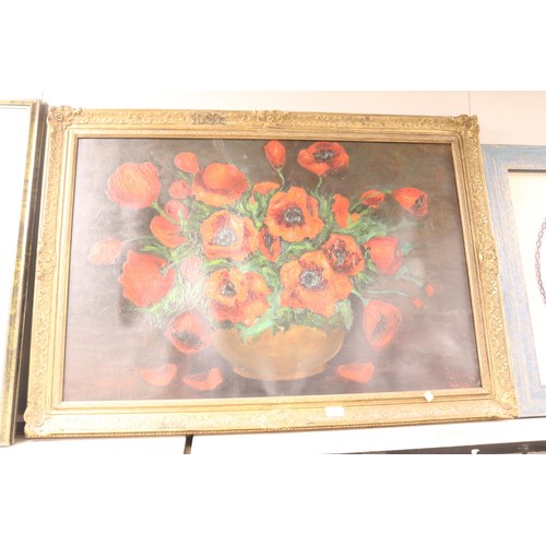 153 - Large oil signed still live picture of flowers with bowl  in guilt frame-10 2 cm by 73 cm total size