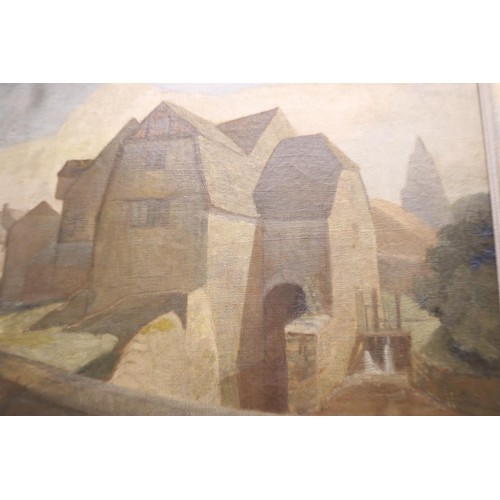 155 - Large oil on canvas depicting town/ watermill house - 85 cm x 71 cm total size