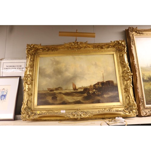 158 - Large oil of Seascape by C. Stanfield,R A in heavy gilt frame complete with the light- light to be r... 