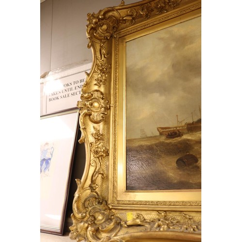 158 - Large oil of Seascape by C. Stanfield,R A in heavy gilt frame complete with the light- light to be r... 