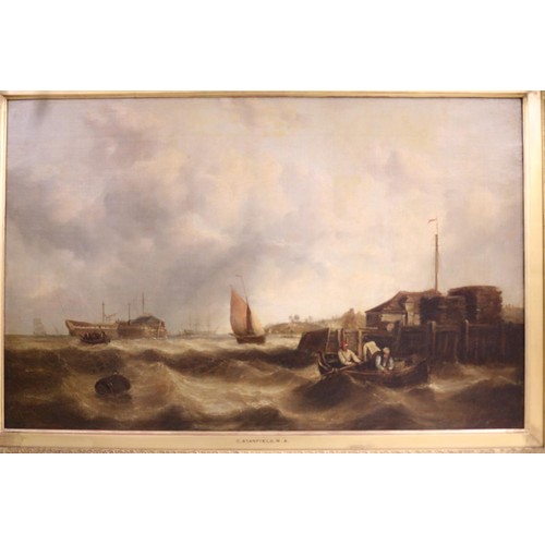 158 - Large oil of Seascape by C. Stanfield,R A in heavy gilt frame complete with the light- light to be r... 