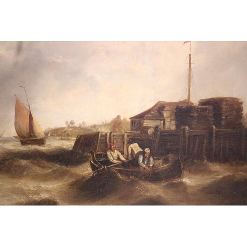 158 - Large oil of Seascape by C. Stanfield,R A in heavy gilt frame complete with the light- light to be r... 