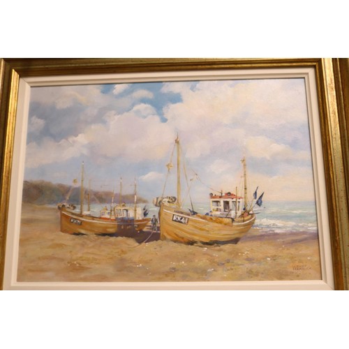 163 - Painting of 2 fishing boats on beach signed Wendy Warwick