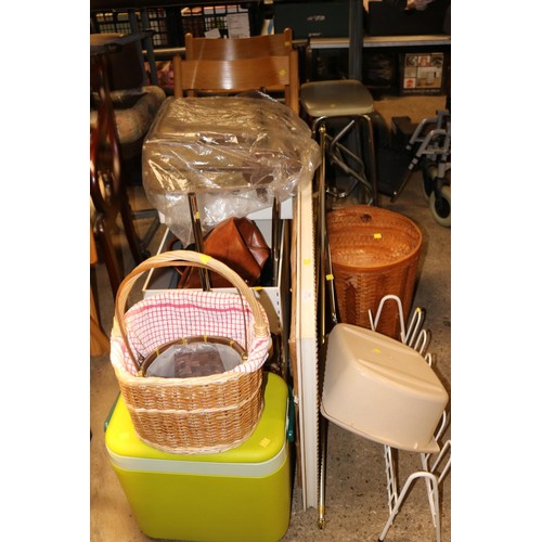 305 - Large qty misc, 2 chairs, steps, picture, cool box, baskets, suitcases, bags, etc