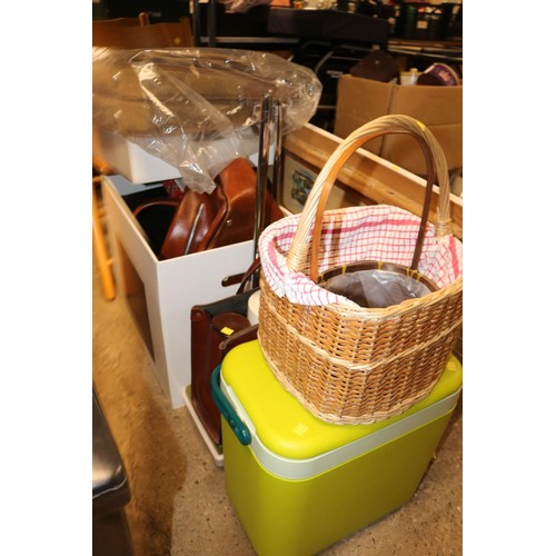 305 - Large qty misc, 2 chairs, steps, picture, cool box, baskets, suitcases, bags, etc