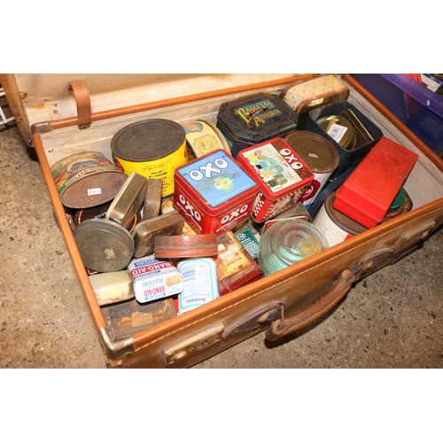 306 - Suitcase & box full of tins