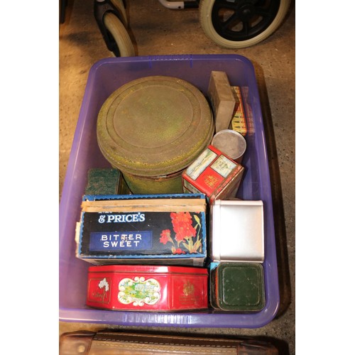 306 - Suitcase & box full of tins