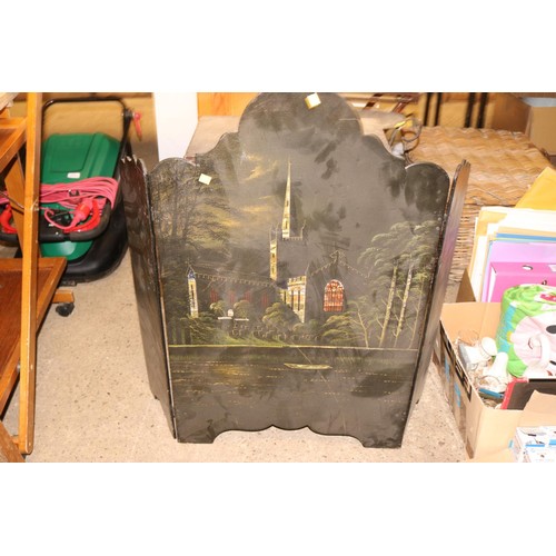 314 - Paper mache fire screen, cd tower, candle stand, rack, tapestry stand & 2 tables