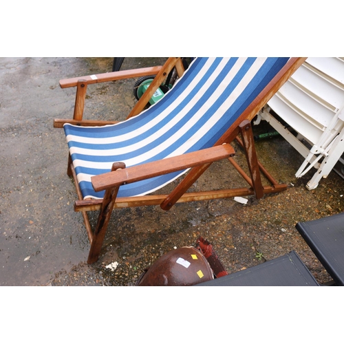 68 - Blue fold up wooden deck chair