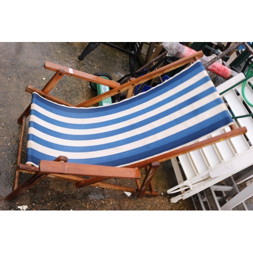 68 - Blue fold up wooden deck chair