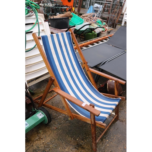 68 - Blue fold up wooden deck chair