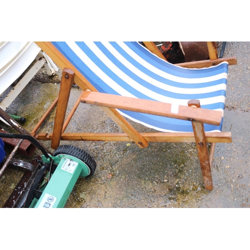 68 - Blue fold up wooden deck chair