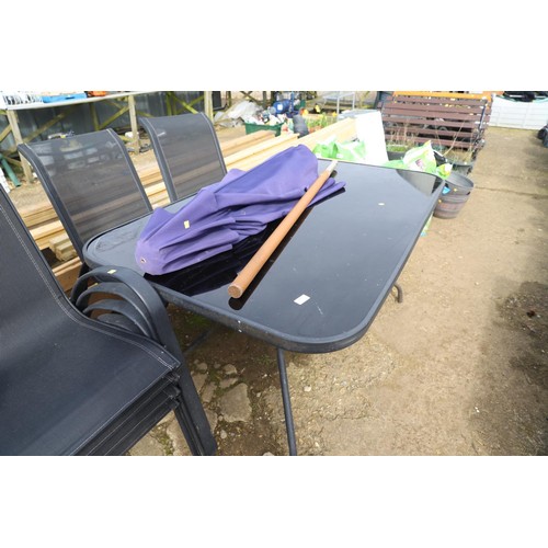 59 - glass outdoor table & 6 chairs with parasol