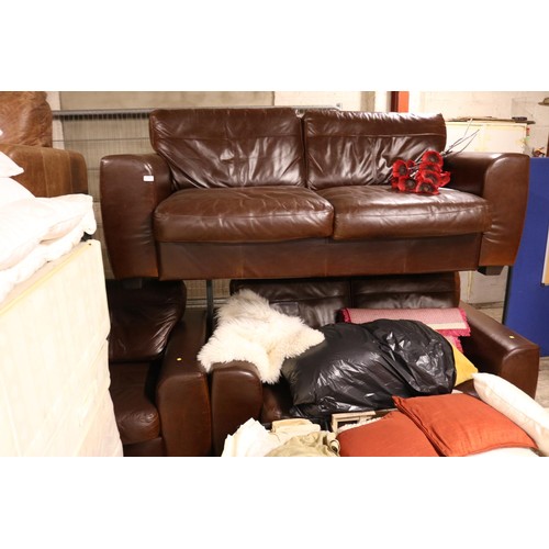 648 - Brown leather 2x 2-seater sofas & chair