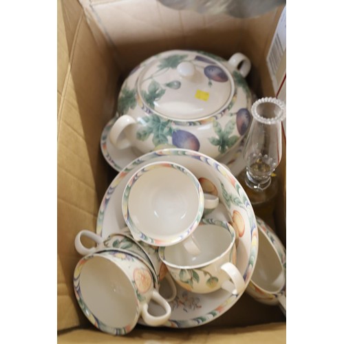 327 - Terrine, cups, saucers & bowls, oil lamp