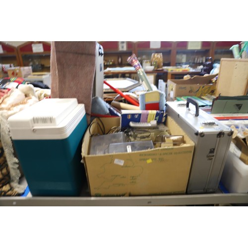 336 - Qty of misc, suitcases, 12v cooler, disc storage boxes, clock, floor dusters, etc