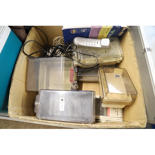 336 - Qty of misc, suitcases, 12v cooler, disc storage boxes, clock, floor dusters, etc