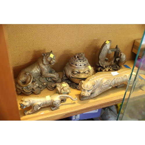 501 - 6x plated brass? chinese animal figurines, incl tiger, toads, dragon, fish