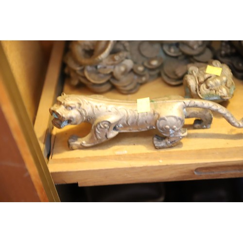 501 - 6x plated brass? chinese animal figurines, incl tiger, toads, dragon, fish