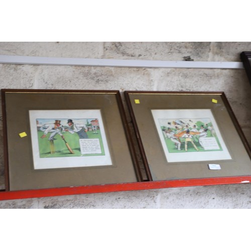 508 - 2 cricket cartoon pictures, framed