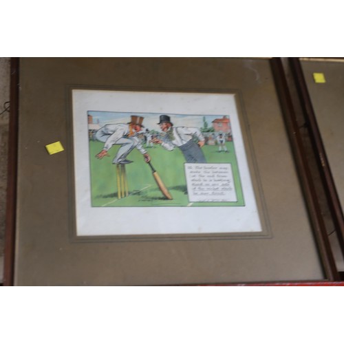 508 - 2 cricket cartoon pictures, framed