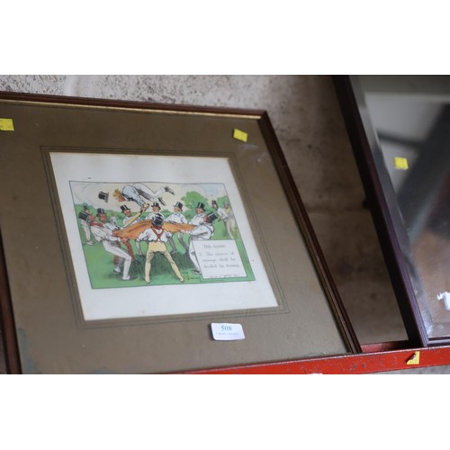 508 - 2 cricket cartoon pictures, framed