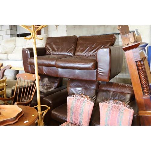 648 - Brown leather 2x 2-seater sofas & chair
