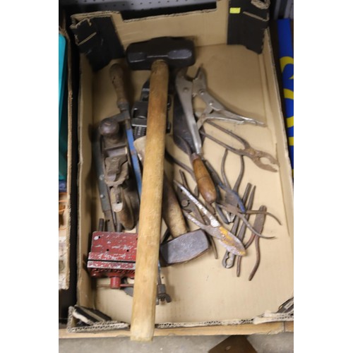 271 - 2 boxes of wood working tools, etc, incl planes, vices & spirit levels, etc