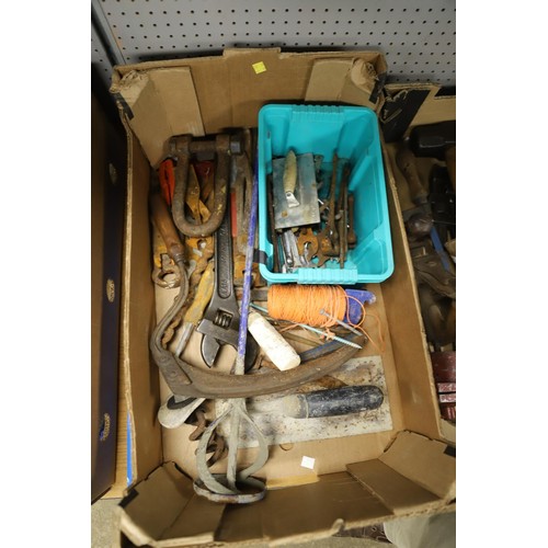 271 - 2 boxes of wood working tools, etc, incl planes, vices & spirit levels, etc