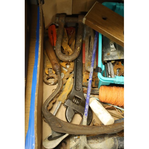 271 - 2 boxes of wood working tools, etc, incl planes, vices & spirit levels, etc