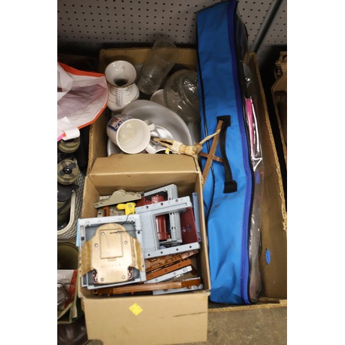 272 - 3 trays of sundries, incl candlesticks, binoculars, briefcase, etc