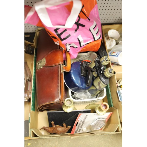 272 - 3 trays of sundries, incl candlesticks, binoculars, briefcase, etc