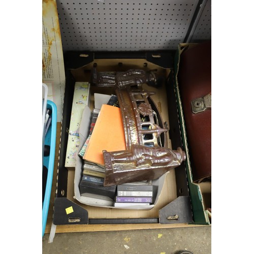 272 - 3 trays of sundries, incl candlesticks, binoculars, briefcase, etc