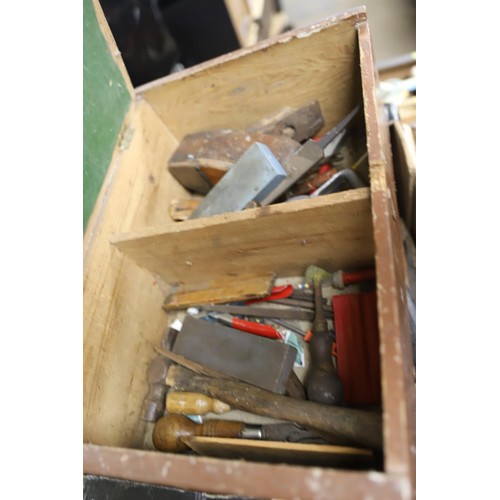 286 - Wooden tool box & contents, cardboard box & tools, incl wooden ruler