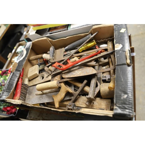 286 - Wooden tool box & contents, cardboard box & tools, incl wooden ruler